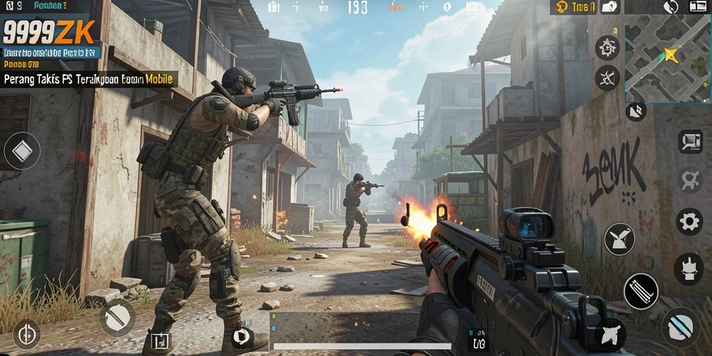 Screenshot utama 999ZK menampilkan aksi menembak seru dalam pertempuran FPS.