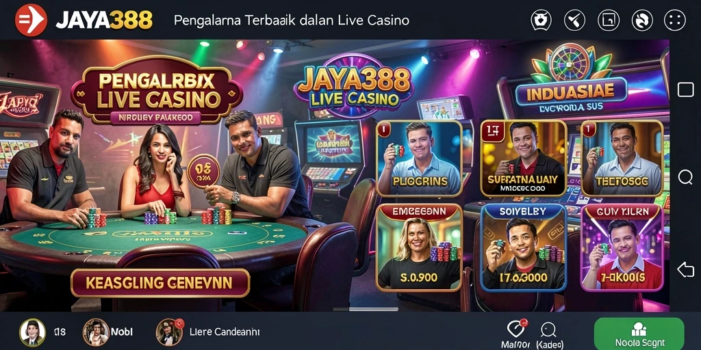 Screenshot gameplay JAYA388 menampilkan dealer langsung dan suasana kasino yang hidup.