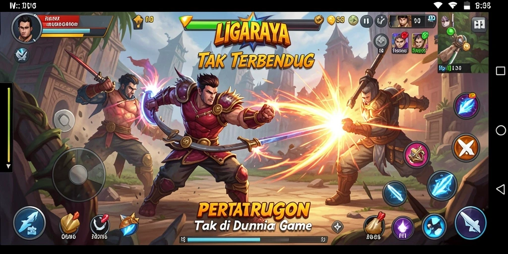 Tangkapan layar gameplay epik dalam LIGARAYA, menampilkan pertarungan seru.