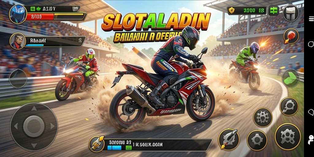 Screenshot utama SLOTALADIN menunjukkan aksi balapan motor yang mendebarkan.